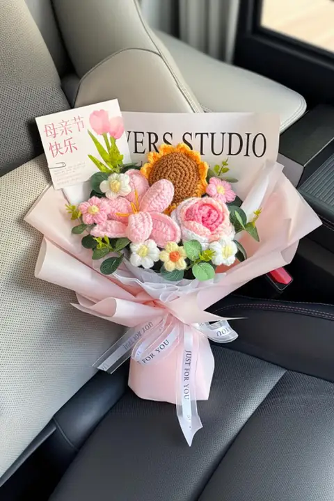 手作り編みのひまわりとチューリップのミックス造花ブーケ【母の日や誕生日のギフトに最適】