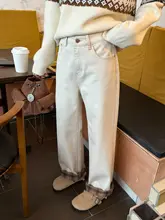 チェック柄折り返し薄フリースデニムパンツ【高ウエスト・アメリカンビンテージスタイル・ブルー・ストレートワイド】（セットアップ対応）
