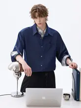 ダブルカラーのアイスシルクデニム長袖シャツ【抗シワ・ゆったりフィット】（セットアップ対応）
