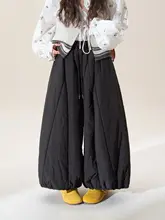 黒色のウエストゴム付き厚手コットンワイドレッグパンツ【冬用・フィット・ストレートデザイン】