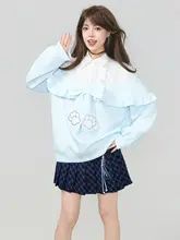 青いリボンデザインのフリル付きパーカー【春用・カラーブロック・女性用】（セットアップ対応）