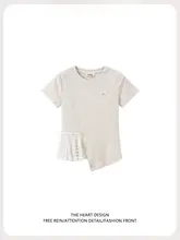 レース切り替えのアシンメトリック裾Tシャツ【女性用・半袖・カジュアル・ラウンドネック】