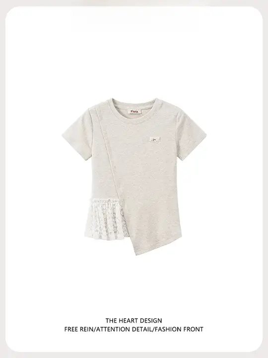 レース切り替えのアシンメトリック裾Tシャツ【女性用・半袖・カジュアル・ラウンドネック】