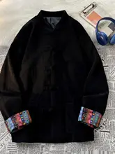 黒色コーデュロイ唐装ジャケット【中華風・レトロデザイン・立ち襟】