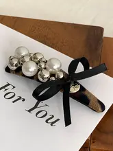 ヴィンテージ風ヒョウ柄パール付きリボンヘアクリップ【エレガント・秋冬用】