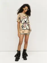 小犬のアートプリントが魅力！ゆったりデザインの女性用Tシャツ【短袖・グラデーション仕様】