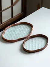 ガラス製の海棠模様の茶托盤【竹製・シンプルデザイン・ティールームやフルーツ用】
