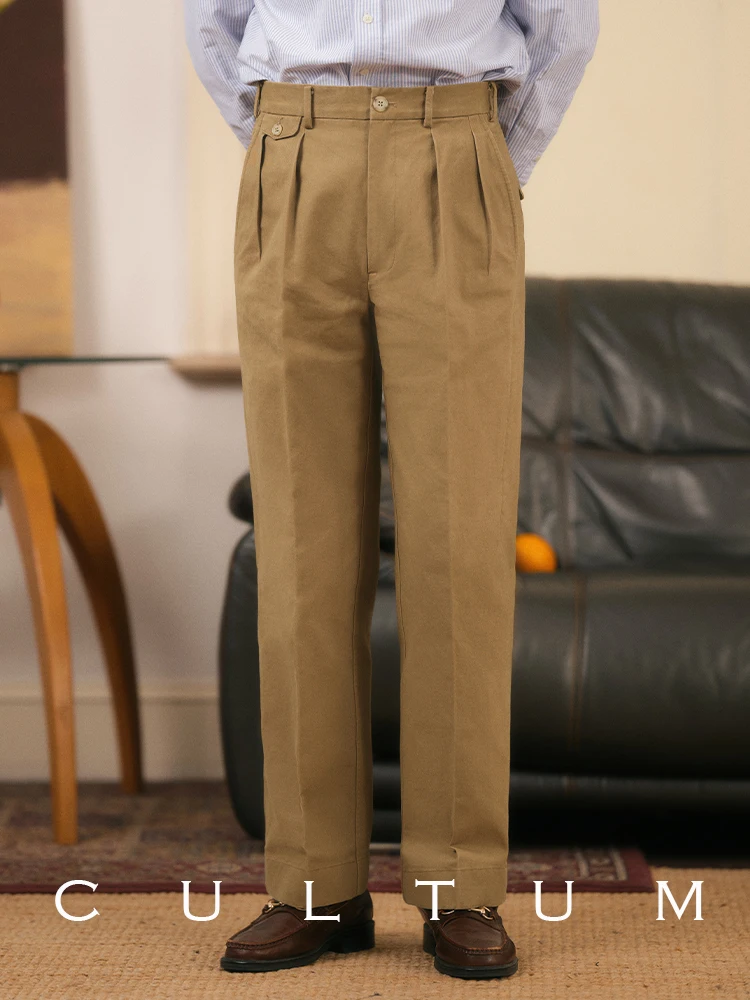 高腰ツータックチノパンツ：秋冬季のカジュアルスタイルに最適な厚手棉布パンツ