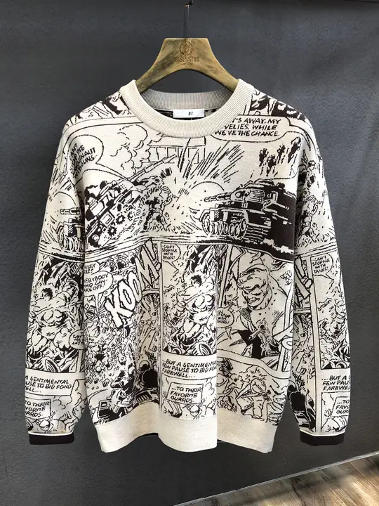 アートデザインのラウンドネックニット【秋冬用・男性用・双面提花】