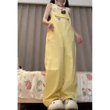 夏用デニムサロペットパンツ【淡いイエロー・ストレートワイド・女性用・可愛いデザイン】（セットアップ対応）