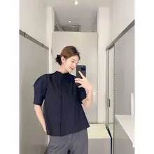 フレンチスタイル立ち襟パフスリーブブラウス【極上の柔らかさ・短袖・シルエット効果】