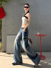 ヴィンテージ風ローライズストレートジーンズ【女性用・ハイストリートスタイル・スリムフィット】