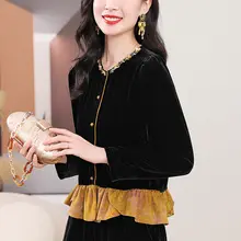 シルクベルベットカーディガン【秋冬用・ピンク・フリル袖・レトロデザイン】