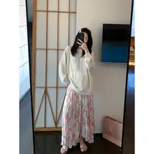 ピンク花柄のハイウエストスカート【春夏・プリーツデザイン・Aライン】