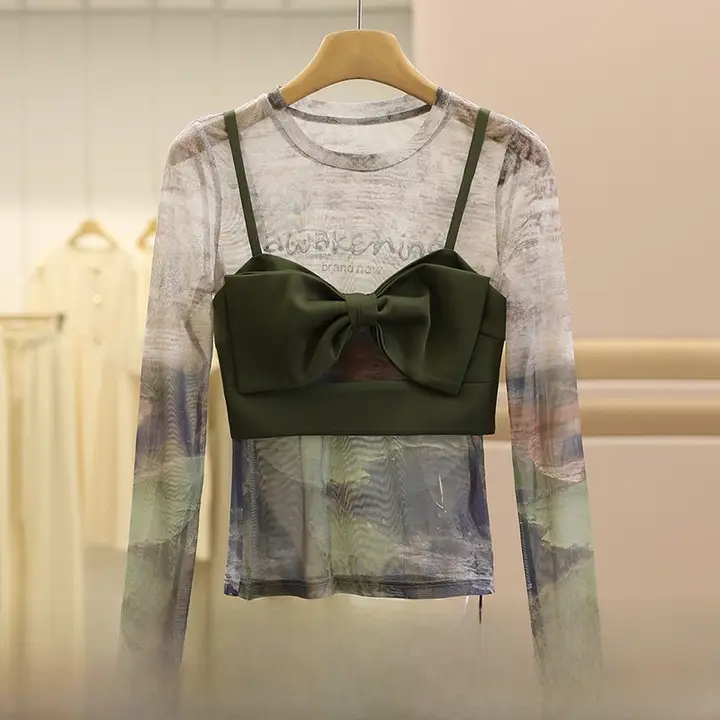 立体リボンデザインのキャミソールと長袖レースTシャツ【秋用・フレンチシック】（セットアップ対応）