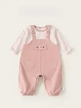 春季ファッショナブルで可愛いハート柄の女の子用カジュアルウェア【ビブパンツとストライプTシャツ・セットアップ対応】