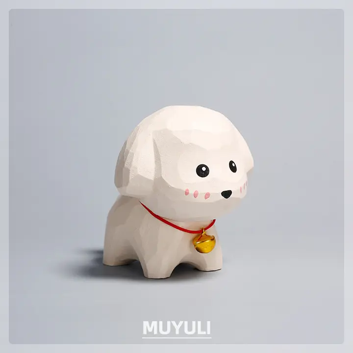 手作りの木彫り小白犬【デスクトップ装飾・可愛いデザイン・クリエイティブ】