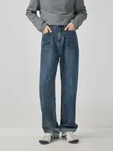 ヴィンテージ風 深青高ウエストストレートジーンズ【体型カバー・長パンツ】（セットアップ対応）