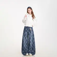 チェック柄デニムパンツ【ブルー・アメリカンスタイル・ワイドレッグ・ルーズフィット】