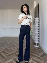 高腰デニムブーツカットパンツ【深青・テーパード・ワッシュ加工・伸縮性低】