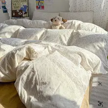フレンチスタイルのレース花柄ウォッシュコットン寝具【学生寮用・ベッドカバー・シーツ・ピローケース付き】（セットアップ対応）