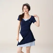 宝塚ブルーのハイネック半袖ワンピース【ウエスト絞り・スリムフィット・夏用】（セットアップ対応）