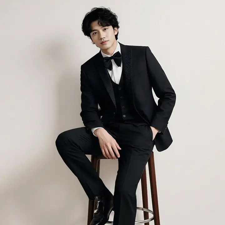 黒色の結婚式用タキシード【新郎・可卸式襟・春向け・高級紳士服】（セットアップ対応）