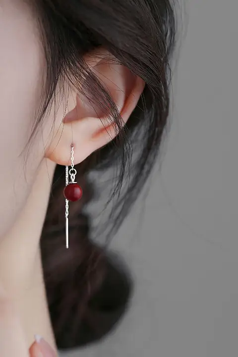 925純銀 朱砂ピアス【ロングタッセルデザイン・女性用・個性的】