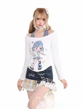 Tシャツ レディース 長袖 カートゥーン柄 ホルダーネック ワンショルダー スリム 着痩せ 初秋 レトロ
