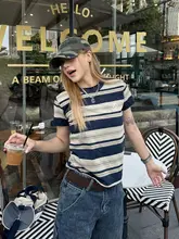 ストライプ柄シンプルなウィメンズ短袖Tシャツ【夏用・ルーズフィット・カジュアル】（セットアップ対応）