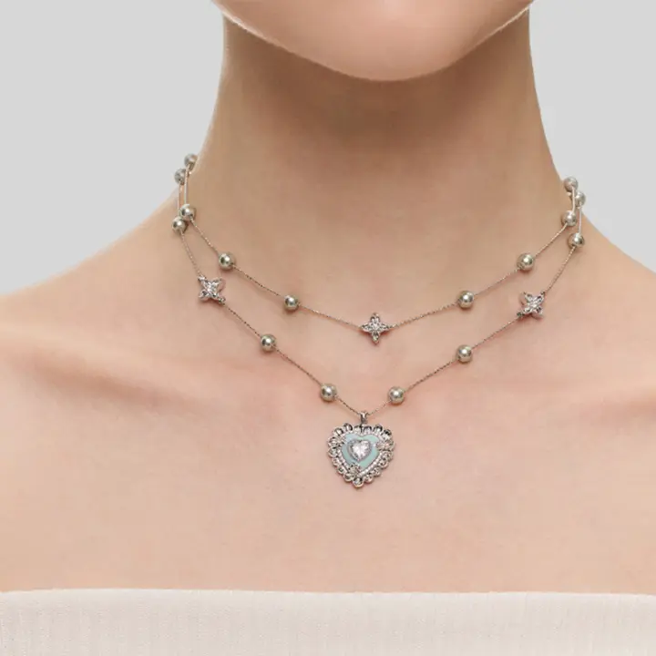 青いハートのネックレス【パールペンダント・二重ケードデザイン・女性用】
