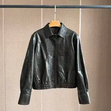 オイルワックス仕上げの羊革ジャケット【レディース・翻领・スタイリッシュデザイン・ウエストゴム】