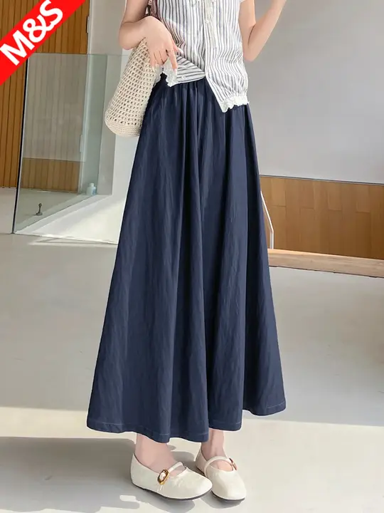 ブルーのハイウエスト Aラインデニムスカート【スタイルアップ・ミニマルデザイン・女性用】（セットアップ対応）