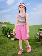 子供用 カジュアル ノースリーブ トップスとショートパンツ【夏用・ストライプデザイン・二点式】（セットアップ対応）