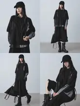 デザイン性のある長袖シャツと中袖ニットの黒い2点セット（セットアップ対応）
