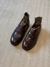 羊皮製 レトロ 本革 ローファーシューズ【粗いヒール・平底・イギリス風・女性用】