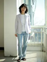 淡い紫色のノンパッドショートフィットニットジャケット【ビジネスカジュアル・女性用】