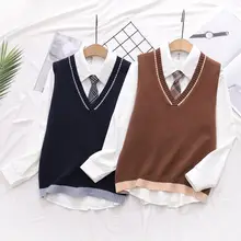 春用薄手Vネックニットベストとブラウスの重ね着スタイル【英国風・女性用】（セットアップ対応）