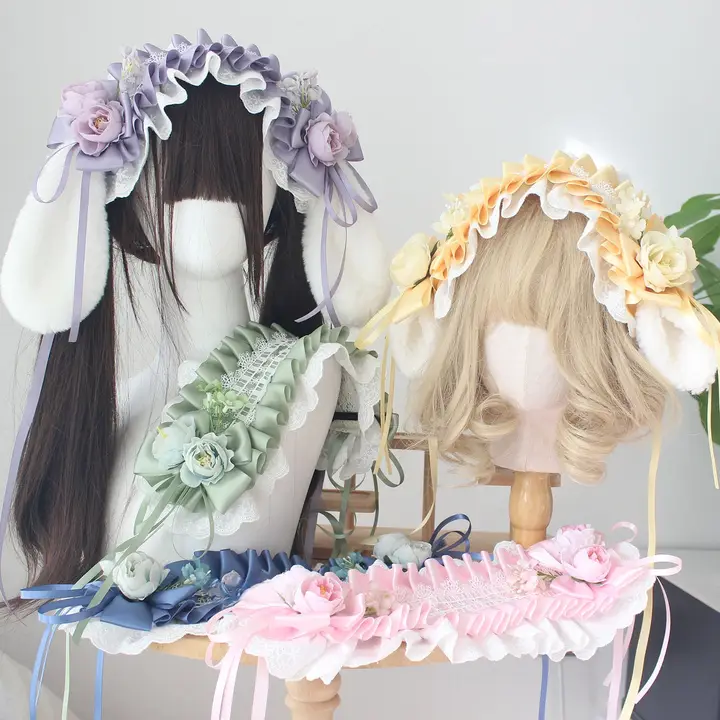 ハンドメイドの折衷スタイルヘアバンド【脱着可能なウサギの耳・ロリータ風花飾り】