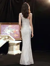 シルバーのイブニングドレス【フィッシュテール・ワンショルダー・フリンジ付き・ロング】