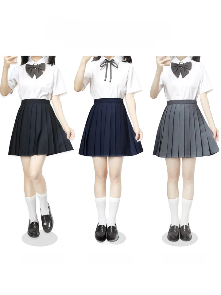 シンプルな無地JK制服 百褶スカート【夏用・ロング丈・紺色・黒・灰色】