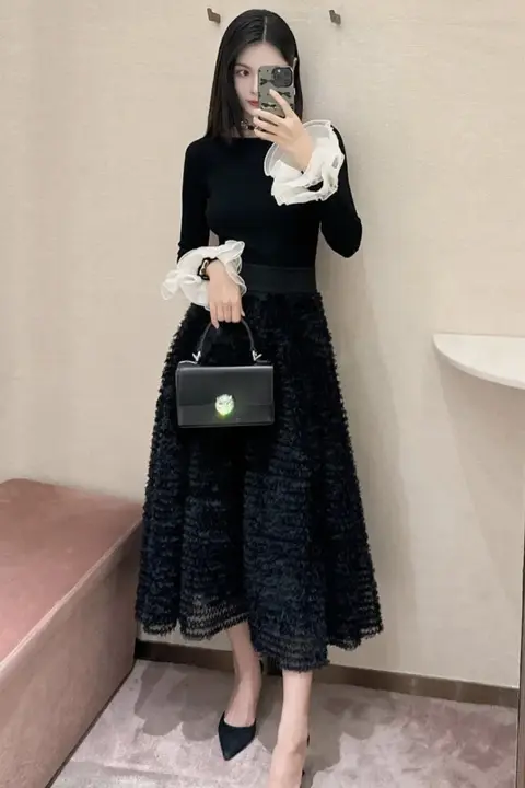 重要な場面に最適！ニットトップスとロングスカートの2点組（セットアップ対応）