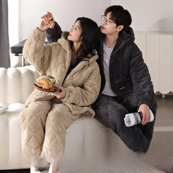 パジャマ カップル 秋冬 三層 中綿 フリース 厚手 フード付き 暖かい ルームウェア セット