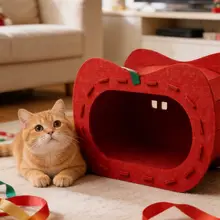 フェルト製 赤いリンゴのキャットハウス【トンネル型・二層構造・ペット用】