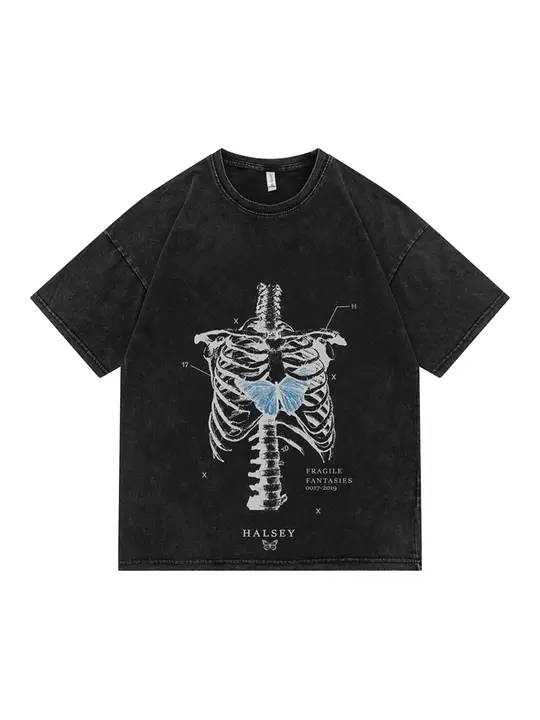 アメリカンビンテージ風 蝶々プリントショートスリーブTシャツ【ユニセックス・ルーズフィット・ハイストリートスタイル】