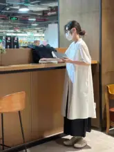 夏用のホワイトコットンシャツワンピース【中長丈・ショートスリーブ・重ね着対応】