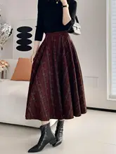 チェック柄フレアスカート【ウール混・ハイウエスト・ビンテージスタイル・秋冬用】
