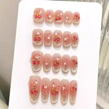 ハンドペイントのチェリーデザインフレンチネイル【猫目・立体感・やわらかい印象】