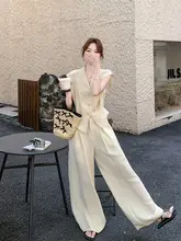 2点セット レディース ベスト カジュ  アルパンツ ベージュ ルーズ 上品 初夏