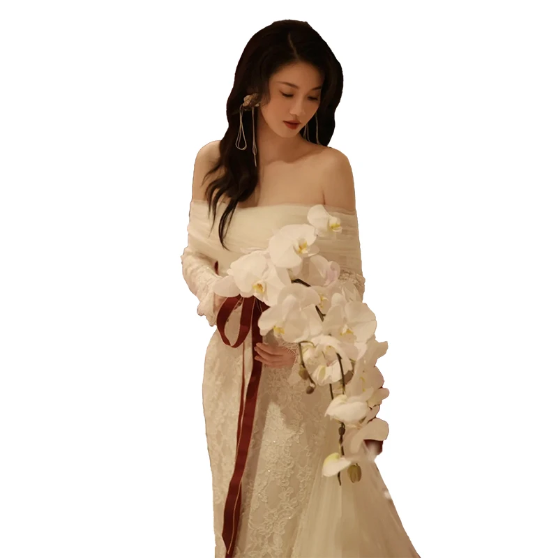 フォーマルドレス結婚式母親洋装の選び方：レース長袖軽婚礼ドレス【フィッシュテール・ウエストシェイプ・オフショルダー】
